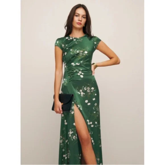 Reformation | Dresses | Reformation Birch Silk Dress In Buena Green White  Floral Maxi Cap Sleeves | Poshmark